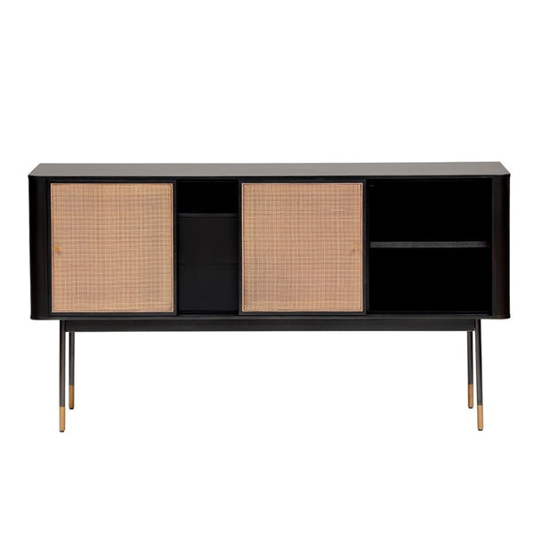 EuroStyle Miriam Matte Black Sideboard with Rattan Wicker Doors and Brass Hardware Accents 94216BLK