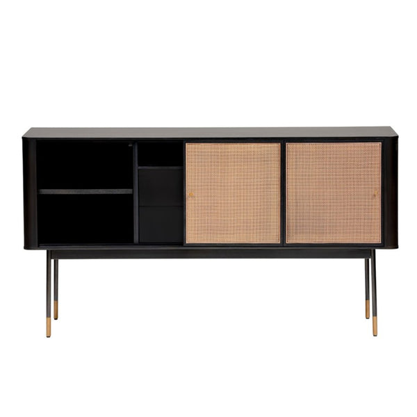 EuroStyle Miriam Matte Black Sideboard with Rattan Wicker Doors and Brass Hardware Accents 94216BLK