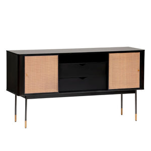 EuroStyle Miriam Matte Black Sideboard with Rattan Wicker Doors and Brass Hardware Accents 94216BLK