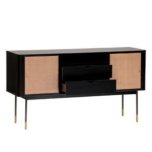 EuroStyle Miriam Matte Black Sideboard with Rattan Wicker Doors and Brass Hardware Accents 94216BLK