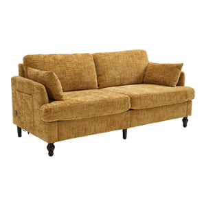 English Elm Modern chenille 2-seater sofa with LED lighting, USB charging, storage pocket, sturdy wood legs Mustard yellow W395P318542