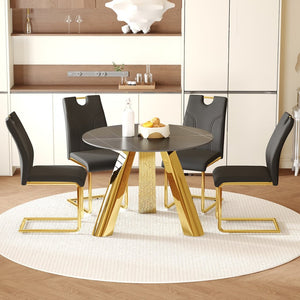 English Elm Table Set - Luxurious 42-Inch Round Dining Table With 4 Black Chairs And Golden Metal Legs For Modern Homes W2920S00043-GIGA