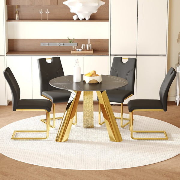 English Elm Table Set - Luxurious 42-Inch Round Dining Table With 4 Black Chairs And Golden Metal Legs For Modern Homes W2920S00043-GIGA