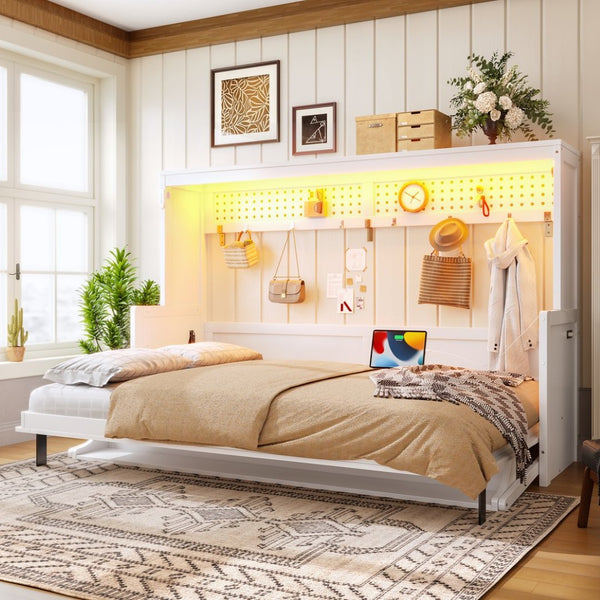 English Elm Full Murphy Bed with Fold Down Desk Led Lighting and Usb Port for Studio Spaces White W1580S00454