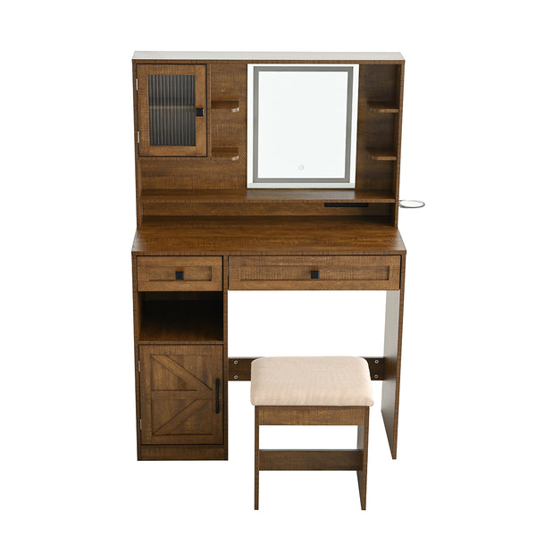 English Elm Farmhouse Makeup Vanity Desk with Lighted Mirror, Built-In Charging Station, Ample Storage and Stool Rustic Brown N844P291652W