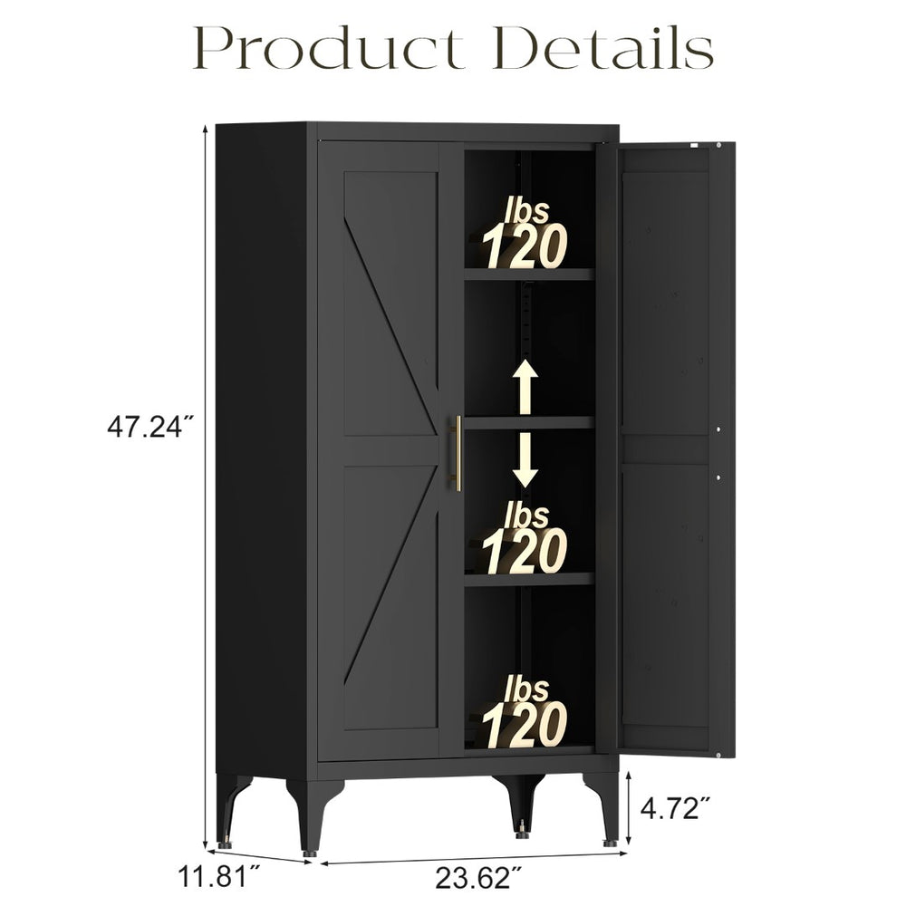 English Elm Metal Powder-coated Steel Pantry Cabinet with Adjustable Shelves and Gold Hardware Black T3625P390899