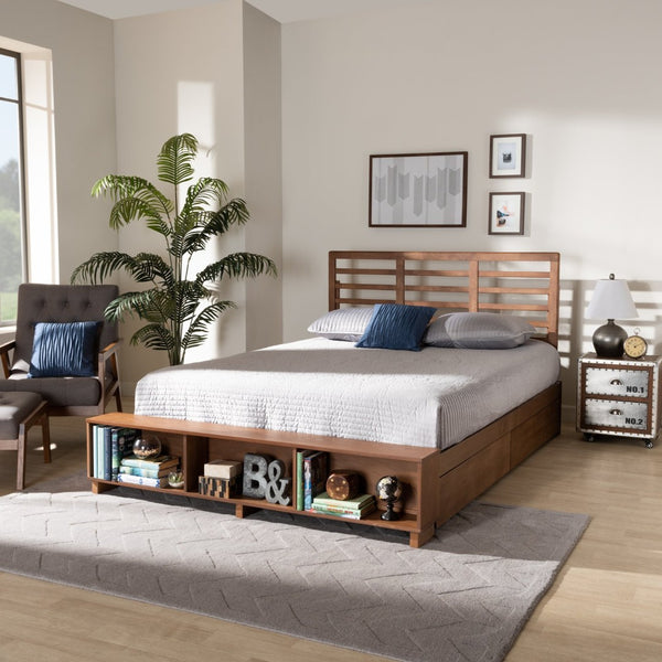 Baxton Studio Baxton Modern Transitional Platform Storage Bed with 4 Drawers and Adjustable Headboard in Walnut Finish Milana Queen Milana-Ash Walnut-Queen