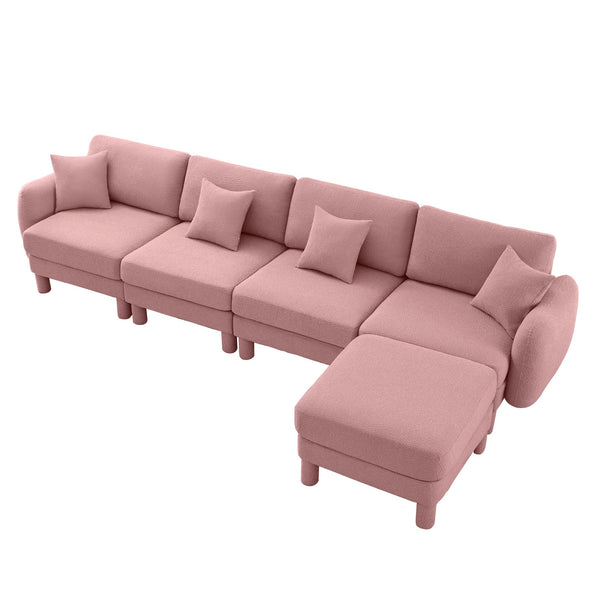 English Elm Boucle Fabric Convertible L-Shape Sectional Sofa With Shell Armrests & Removable Ottoman In Pink W3041S00296