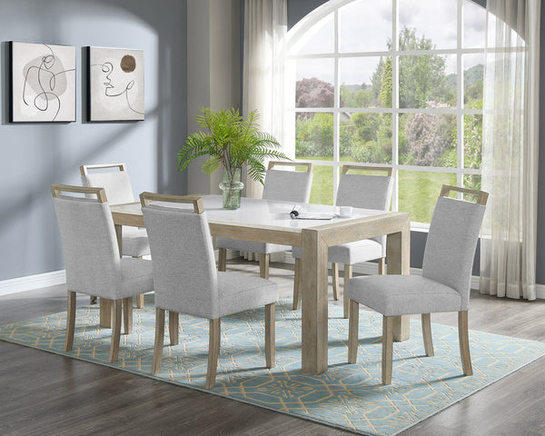 English Elm 7pc White Marble Dining Set with Rectangular Gloss Top & Upholstered Nailhead Chairs, Modern Elegance B011S01001