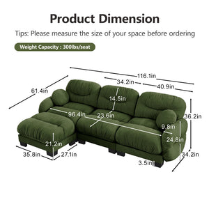 English Elm Pleated Chenille Sectional Sofa with Ergonomic Foam Sculptural Curved Armrests Living Room Green W5656S00050
