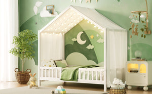 English Elm Montessori House Bed Frame Twin with Canopy & Full Guardrails, Cozy Kids Platform Bed for Toddlers White 81.5 L x 16 W x 6.6 H N733P356043K