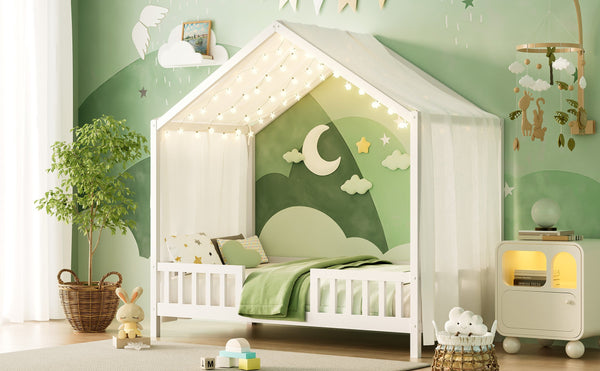 English Elm Montessori House Bed Frame Twin with Canopy & Full Guardrails, Cozy Kids Platform Bed for Toddlers White 81.5 L x 16 W x 6.6 H N733P356043K