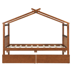 English Elm Twin House Bed Solid Pine Kids Cottage Frame with Storage Drawers Imaginative Room Walnut N708P309245L