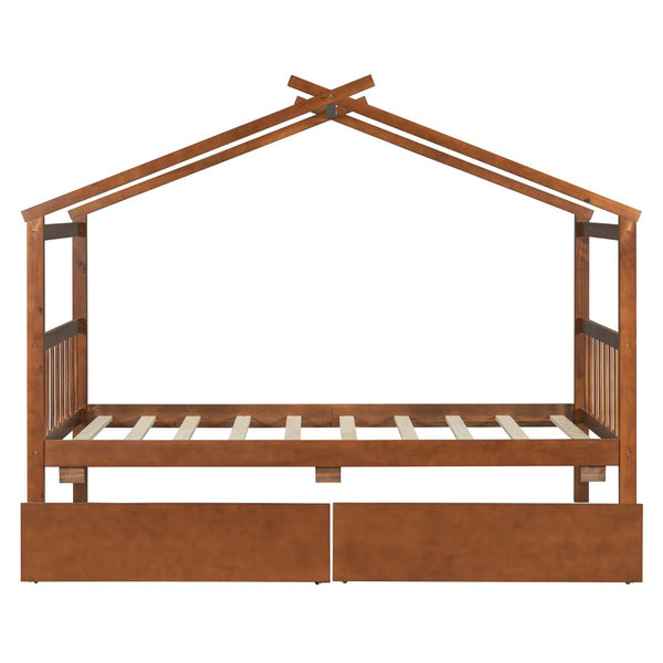 English Elm Twin House Bed Solid Pine Kids Cottage Frame with Storage Drawers Imaginative Room Walnut N708P309245L