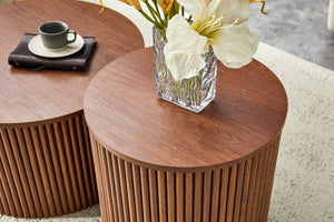 English Elm 2-piece Round Nesting Tables with Fluted Column Base Hidden Storage Oak Grain Finish Walnut W3875P396845
