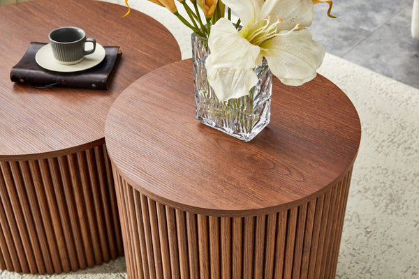 English Elm 2-piece Round Nesting Tables with Fluted Column Base Hidden Storage Oak Grain Finish Walnut W3875P396845