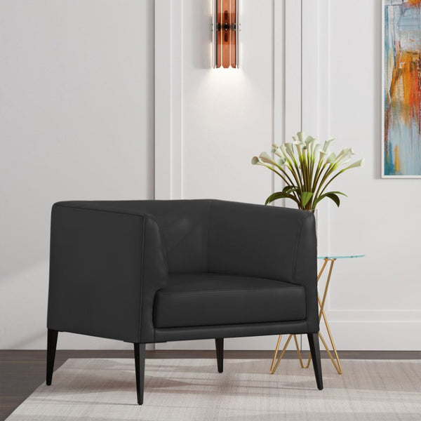 EuroStyle Matias Architectural Lounge Chair Foam Cushioned Faux Leather with Steel Legs Black Leatherette 94244BLK
