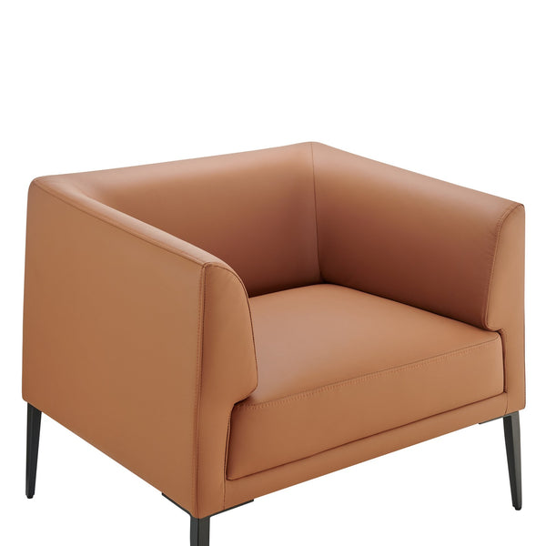 Matias Lounge Chair in Luxurious Dark Caramel Leatherette with Sleek Matte Black Legs for Style