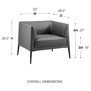 EuroStyle Matias Architectural Lounge Chair Foam Cushioned Faux Leather with Steel Legs Gray Leatherette 94244GRY