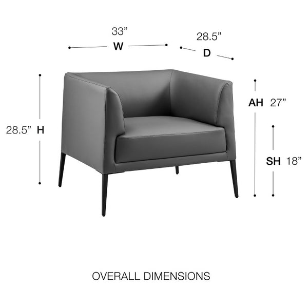 EuroStyle Matias Architectural Lounge Chair Foam Cushioned Faux Leather with Steel Legs Gray Leatherette 94244GRY