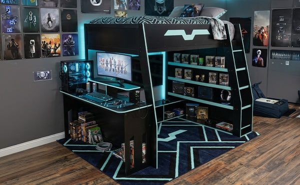 English Elm Full Size Wood Loft Bed with Rgb Lighting Desk and Multi-tier Shelves for Gaming Blue LT000374AAC