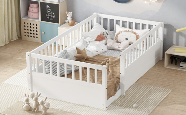 English Elm Twin Montessori Floor Bed Frame for Kids – Pine Playroom Bed with Fence for Reading & Imaginative Play White W1580P307878
