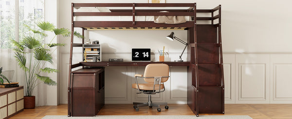 English Elm Full Size Kids Loft Bed with Integrated Desk Seven Drawers and Open Shelving Espresso LT000649AAP