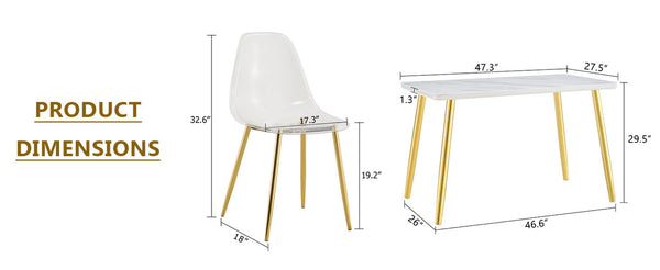 English Elm Table and Chair Set Marble Glass Top Gold Legs Four Seat Dining for Small Spaces Transparent,White+Gold W1151S04638