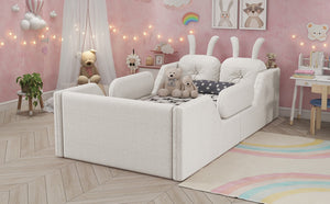 English Elm Twin Kids Platform Bed Teddy Fabric Upholstered with Bunny Cushions and Safety Rails White W2593P395806
