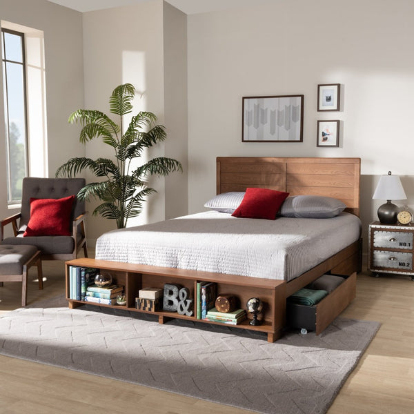 Baxton Studio Baxton Studio Alba Full-Size Platform Bed with 4 Drawers & Adjustable Headboard in Ash Walnut Finish Alba-Ash Walnut-Full