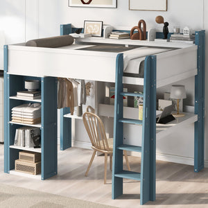 English Elm Full Size Wood Loft Bed With Desk, Storage Shelves & Clothes Rails - Modern Space-Saving Design N7090005007C