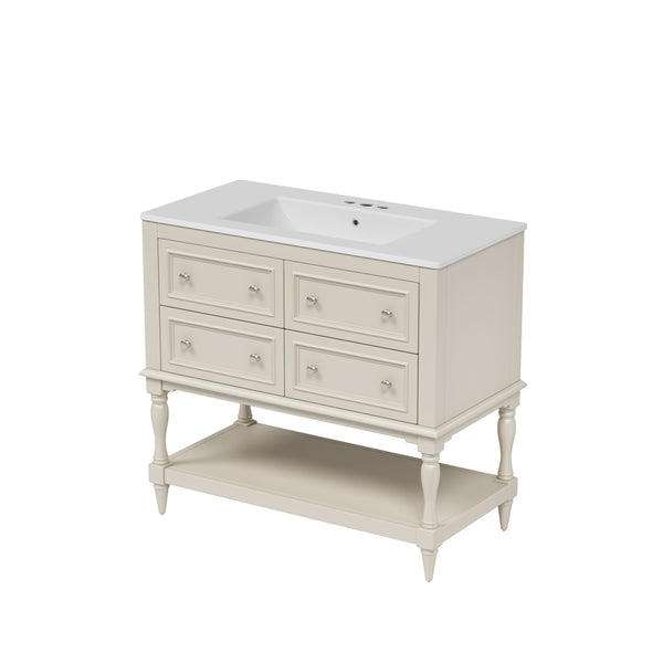 English Elm 36" Bathroom Vanity with Sink Combo, 36" Ceramic Undermount Basin, Solid Wood Frame, 4 Drawers, Waterproof Painted Finish Beige N710P250654Y