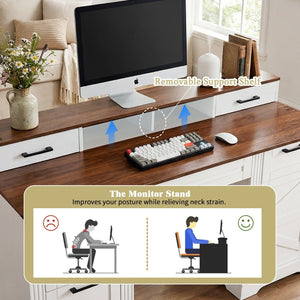 English Elm 59" Fluted Oak L-shaped Corner Desk with Charging Station Monitor Stand and File Storage White W2917S00006