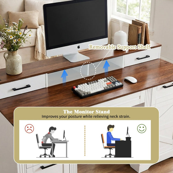 English Elm 59" Fluted Oak L-shaped Corner Desk with Charging Station Monitor Stand and File Storage White W2917S00006