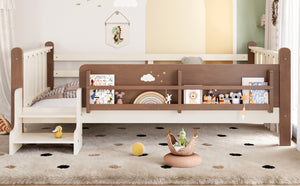 English Elm Twin Pine Floor Bed for Kids with Side Bookcases Built-in Stairs and Safety Guardrails Beige W1580P390220