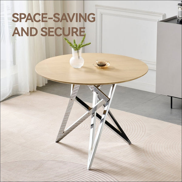English Elm 37inch Round Dining Table Warm Wood Grain Top Silver Tripod Base Seats Four W3357P395501