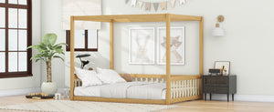English Elm Full Size Canopy Floor Bed In Natural Rubberwood With Guardrails - Perfect For Kids' Imagination! W504P345756