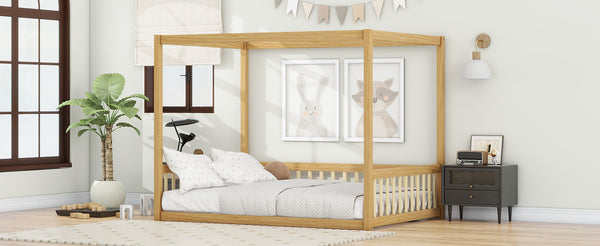 English Elm Full Size Canopy Floor Bed In Natural Rubberwood With Guardrails - Perfect For Kids' Imagination! W504P345756