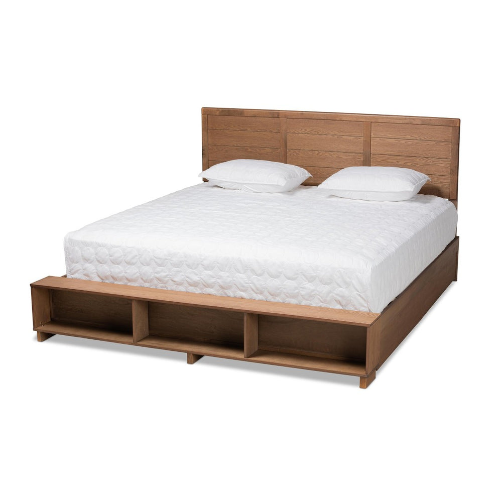 Baxton Studio Baxton Studio Modern Transitional Ash Walnut Queen Platform Bed with Built-In Storage and Shelves Alba King Alba-Ash Walnut-King