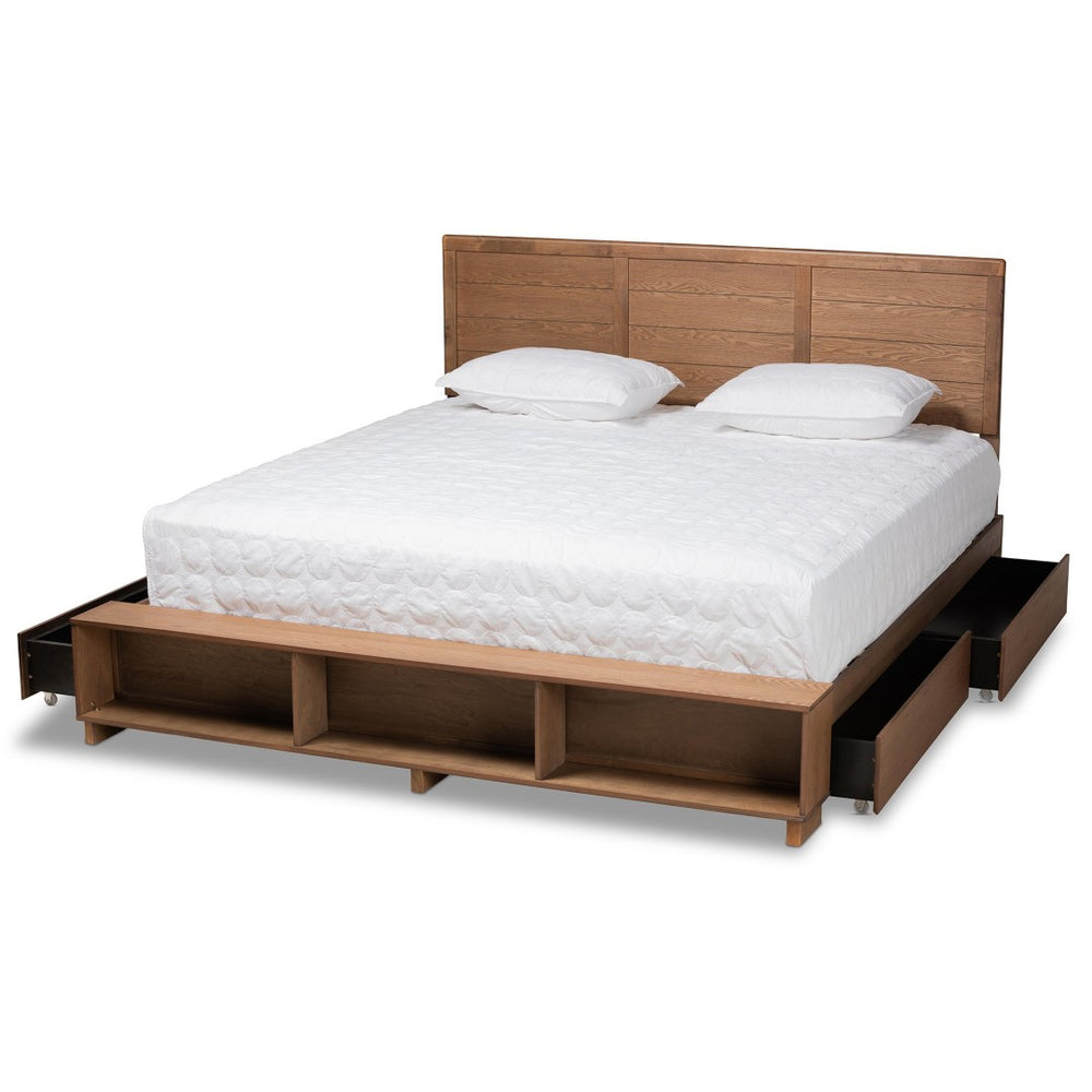 Baxton Studio Baxton Studio Modern Transitional Ash Walnut Queen Platform Bed with Built-In Storage and Shelves Alba King Alba-Ash Walnut-King