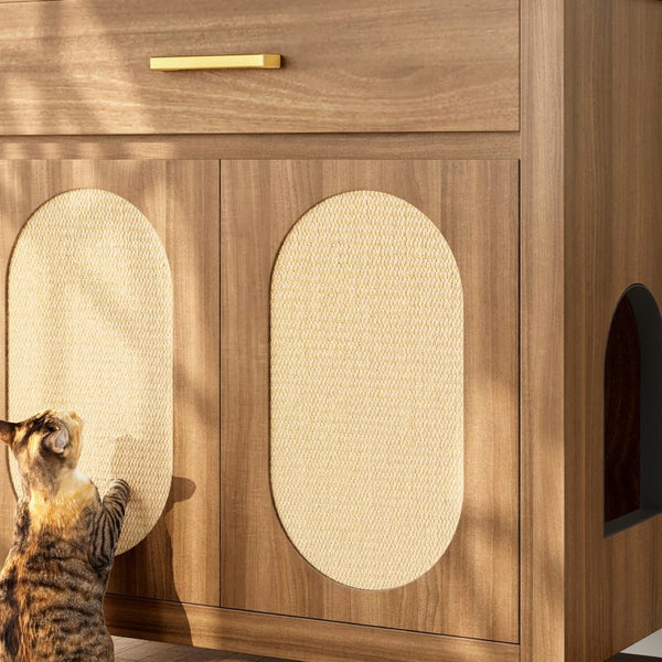 English Elm Cat Litter Box Cabinet with Sisal Doors Storage Drawer and Nightstand Surface N704P379111P
