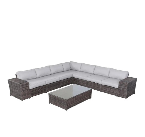 English Elm LSI 10-Piece Fully Assembled Outdoor Wicker Seating Set for 6 with 15 UV-Resistant Cushions, Rustproof Frame B120S00055