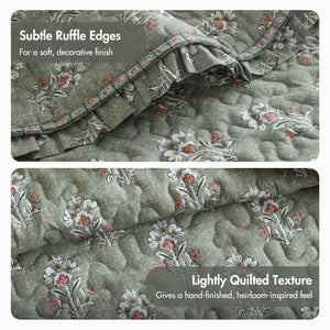 English Elm 3-piece King Quilt Set Ruffle Trim Vermicelli Stitching Soft Polyester Bohemian Bedding Sage Green B035P408231