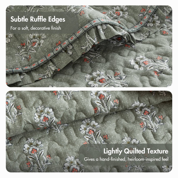 English Elm 3-piece King Quilt Set Ruffle Trim Vermicelli Stitching Soft Polyester Bohemian Bedding Sage Green B035P408231