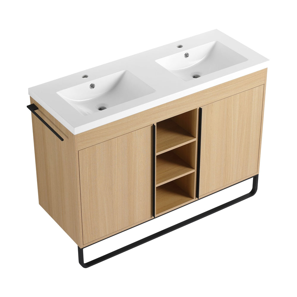 English Elm 48" Freestanding Bathroom Vanity With Resin Double Sink, Soft-Close Doors & Open Storage For Modern Style W999S00479