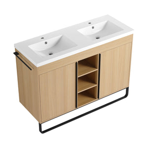 English Elm 48" Freestanding Bathroom Vanity With Resin Double Sink, Soft-Close Doors & Open Storage For Modern Style W999S00479