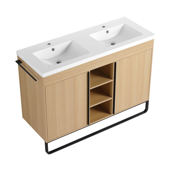 English Elm 48" Freestanding Bathroom Vanity With Resin Double Sink, Soft-Close Doors & Open Storage For Modern Style W999S00479