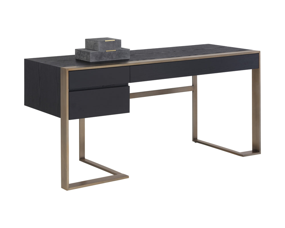 Sunpan Dalton Modern Desk in Black Oak Veneer with Antique Brass Frame - Stylish Storage Solution for All Spaces