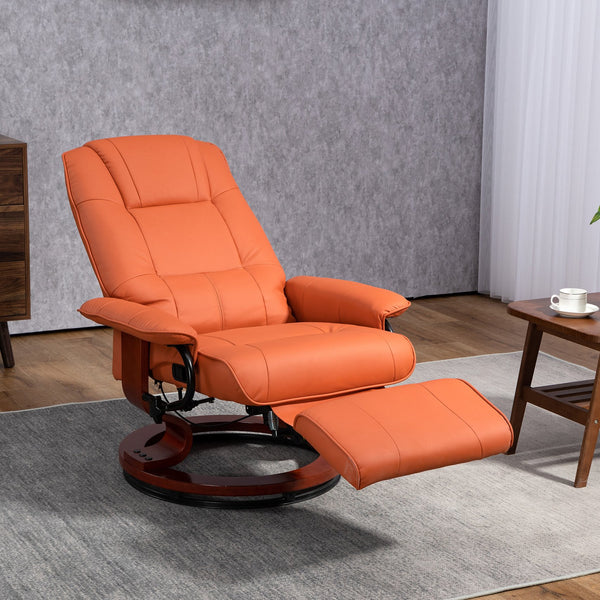 English Elm HOMCOM Orange Faux Leather Recliner Chair with Swivel Wood Base, 145° Manual Recline & Footrest Plush Upholstery W2225P217430