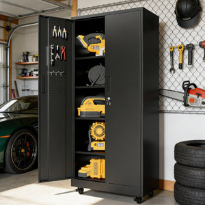 English Elm Metal Rolling Garage Cabinet with Pegboard Door Drawer Locking Storage and Adjustable Shelves T2398P465999